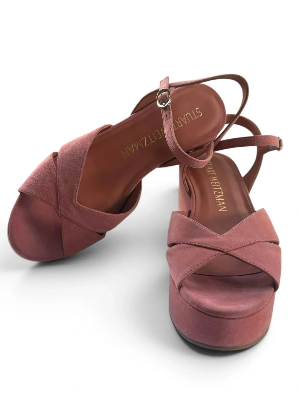 Stuart Weitzman Women's Platform Wedge Sandals Pink Suede Crisscross Size 9